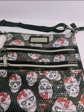 Betsey Johnson Skull Bow Print Sequin Crossbody Bag Black Pink Multiple Pockets